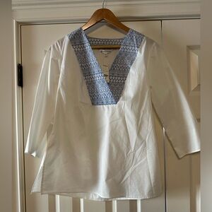 Brooks Brothers White Tunic with Blue Embroidered V-Neck Panel